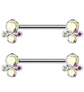 14G Cluster Rainbow Aurora CZ Titanium Nipple Ring Barbell