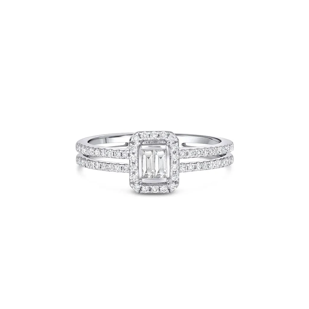 18K White Gold Rectangular Diamond Cluster Ring