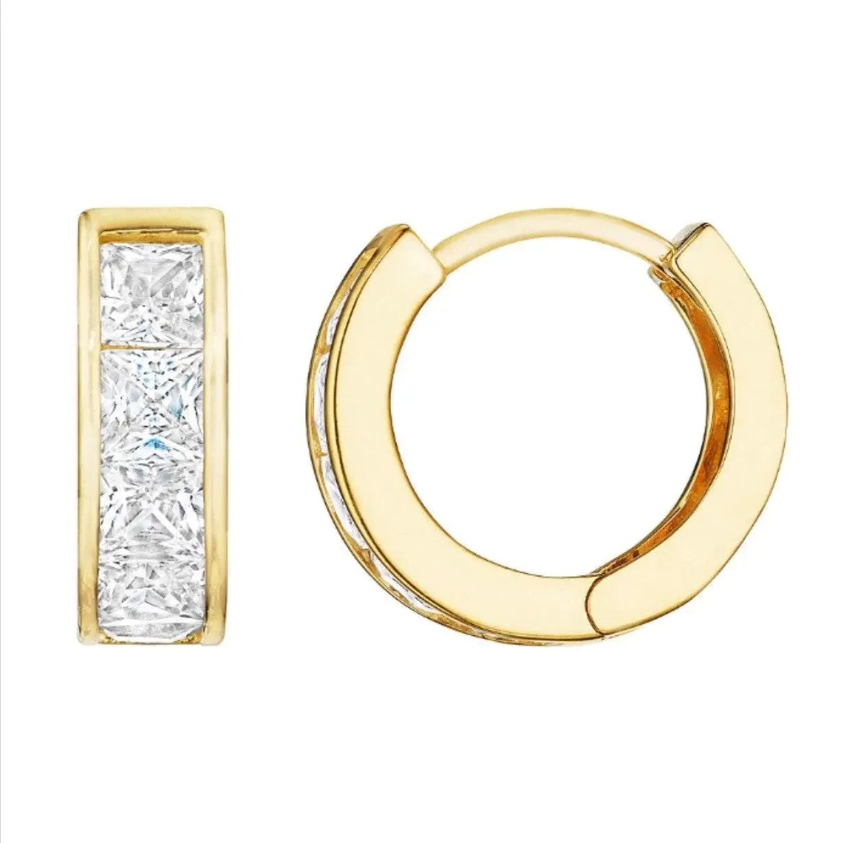 ADIRFINE 10K Solid Gold Square Cubic Zirconia Huggie Hoop Earrings