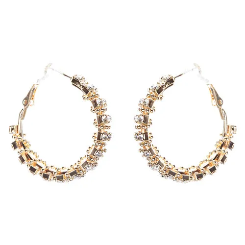 Beautiful Dazzling Beaded Wrap Double Row Crystal Rhinestone Hoop Earring Gold