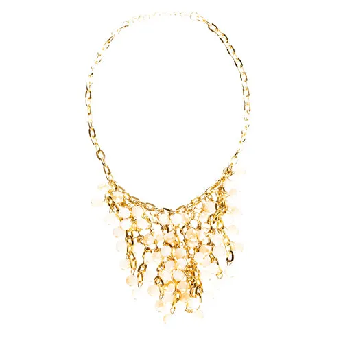 Beautiful Multi Layered Bib Design Bead Stone Statement Necklace Set Beige