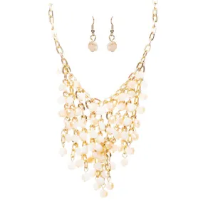 Beautiful Multi Layered Bib Design Bead Stone Statement Necklace Set Beige