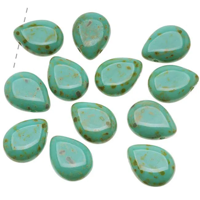Czech Glass Beads Flat Pear Teardrops - 16x12mm 'Opaque Turquoise Picasso' (25 pcs)
