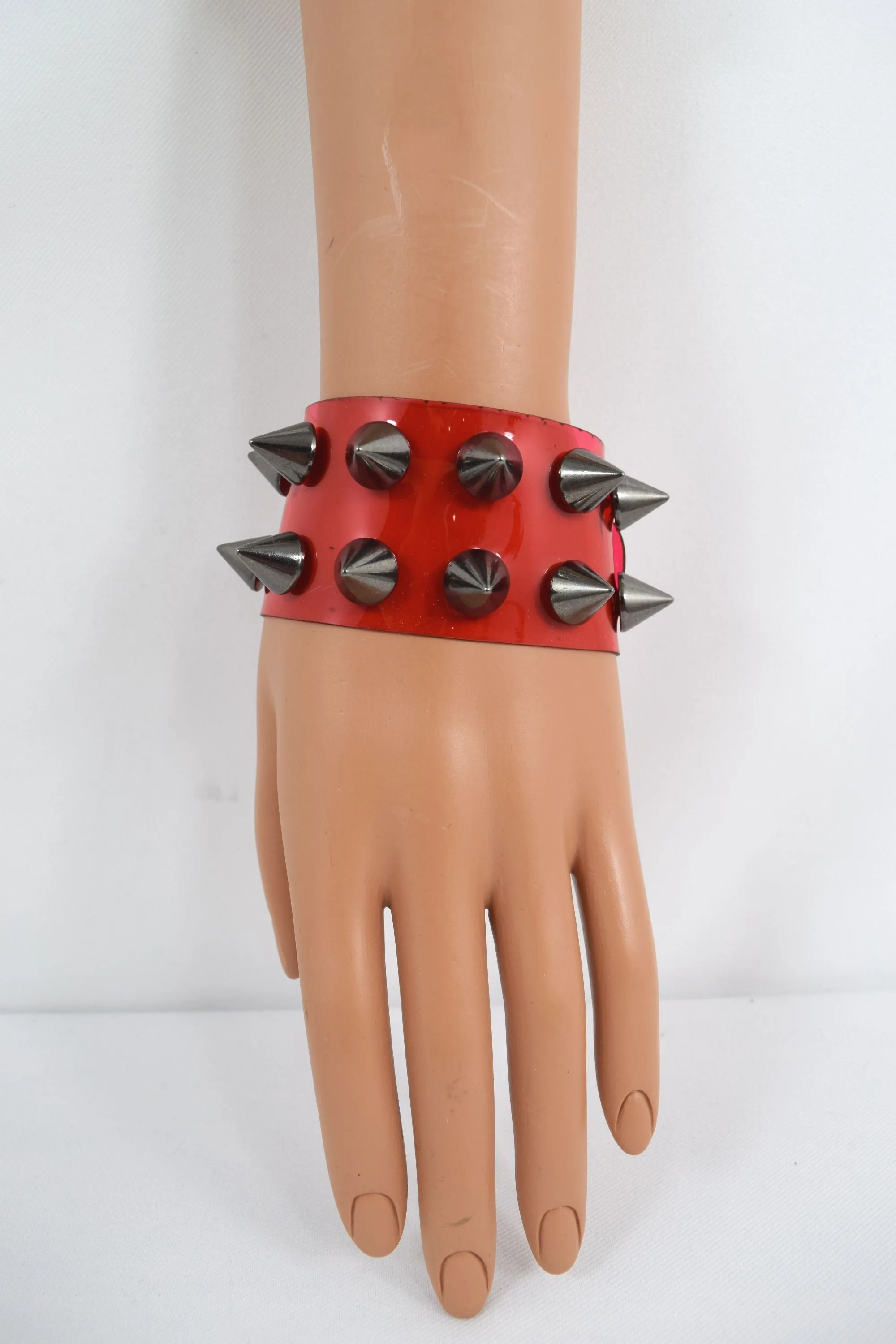 Gothic Grunge Punk Rock vinyl Red clear Wide Leather Spiked Bracelet