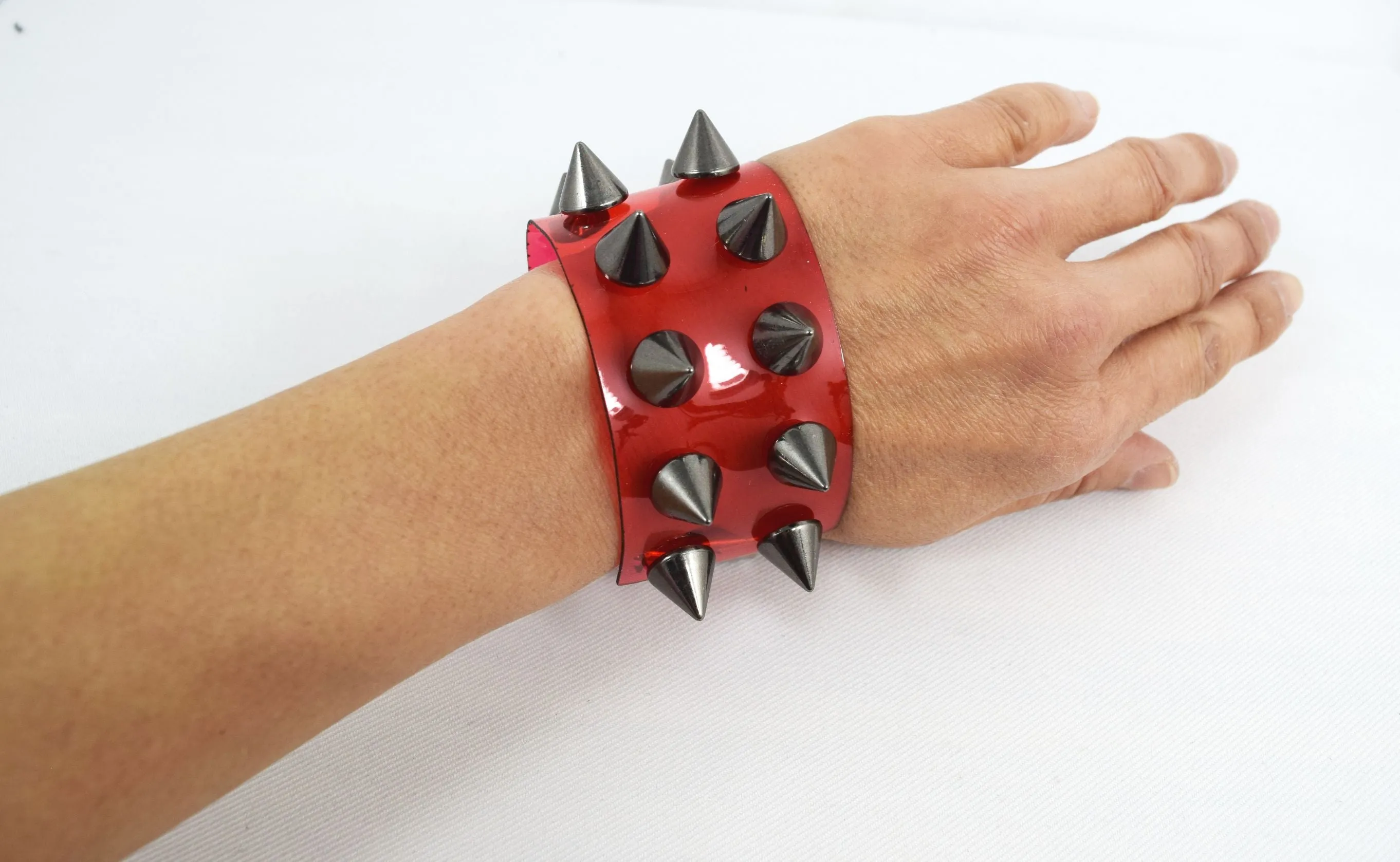 Gothic Grunge Punk Rock vinyl Red clear Wide Leather Spiked Bracelet