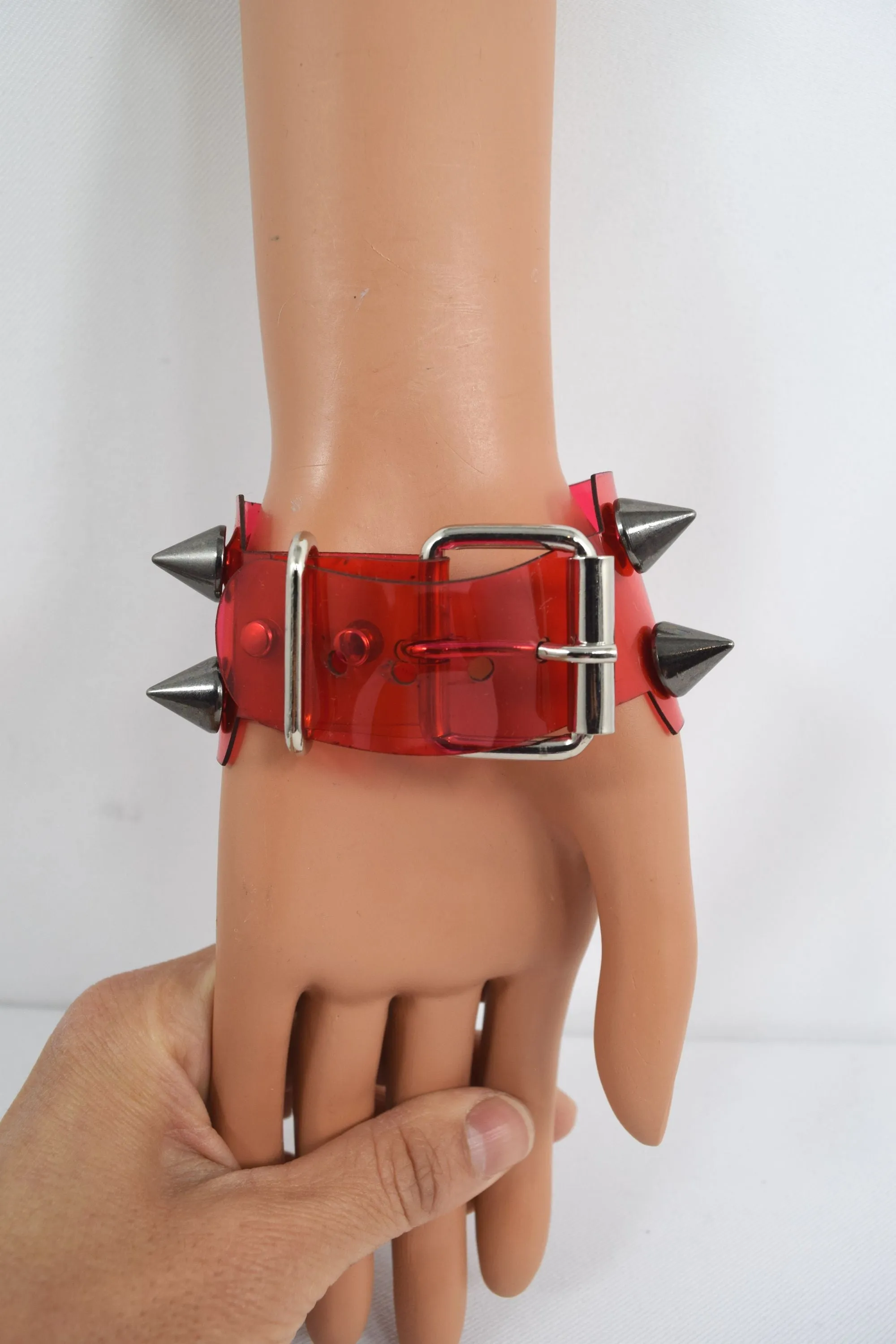 Gothic Grunge Punk Rock vinyl Red clear Wide Leather Spiked Bracelet