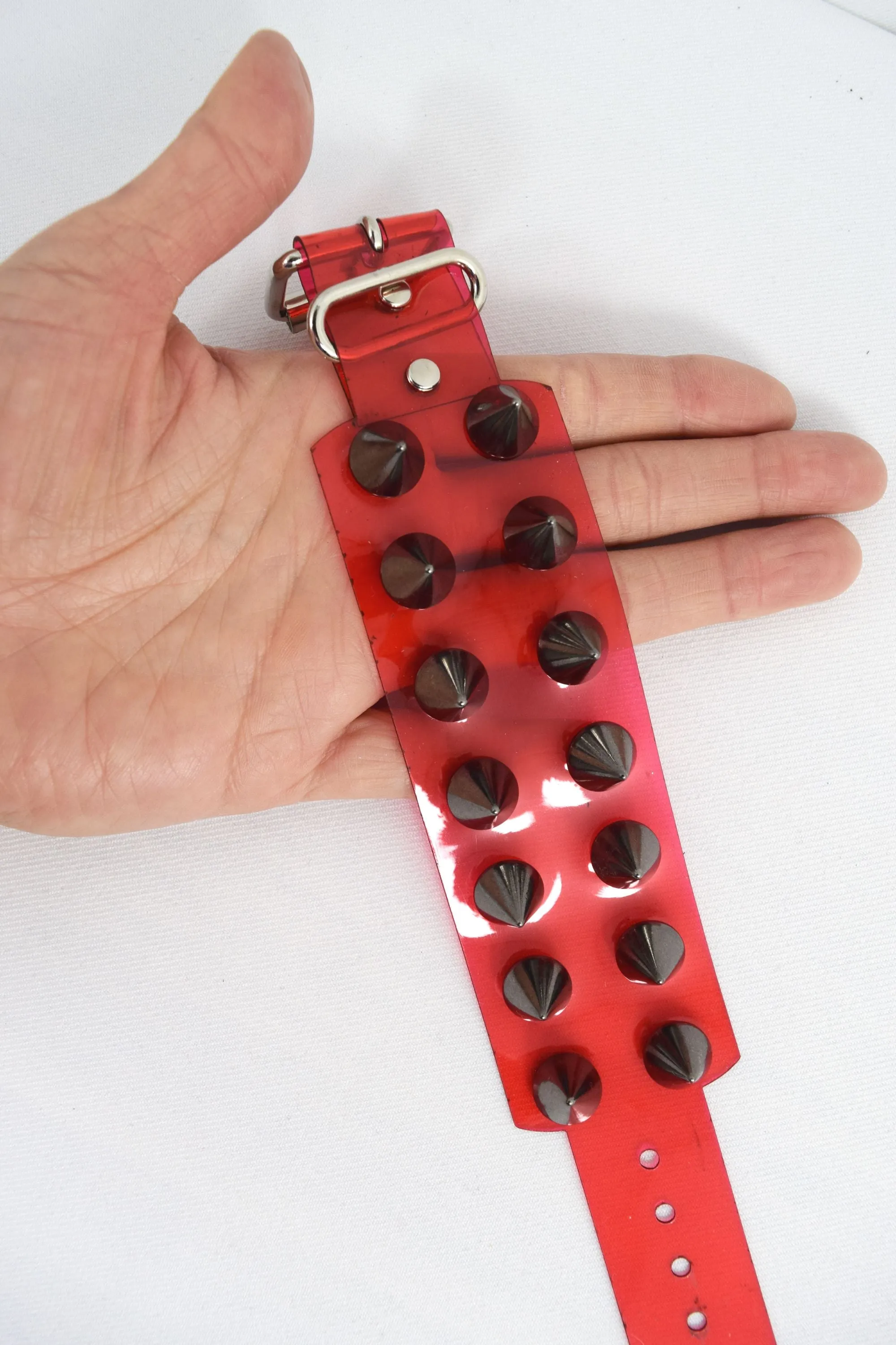 Gothic Grunge Punk Rock vinyl Red clear Wide Leather Spiked Bracelet