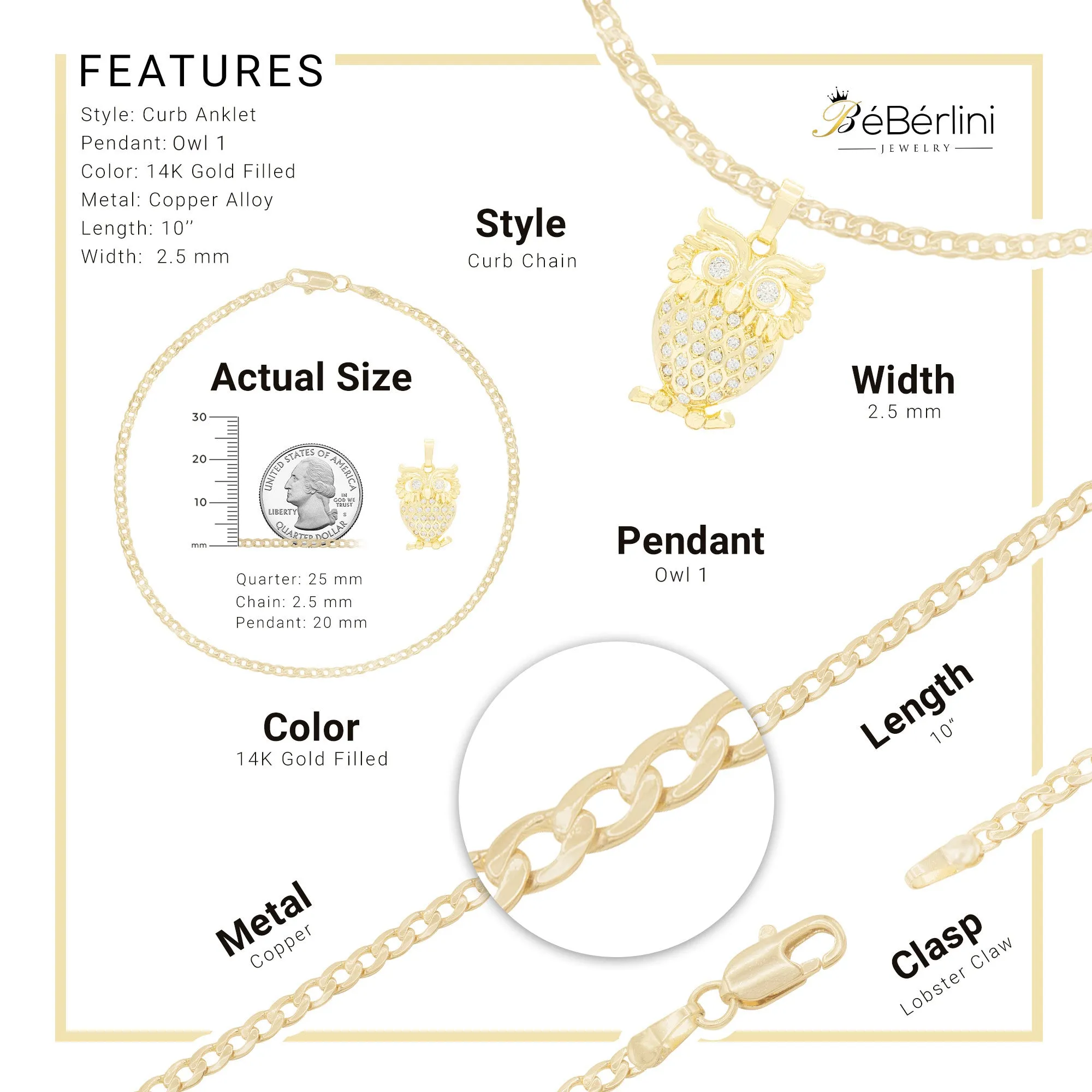 Owl Pendant 14K Gold Filled Cubic Zirconia Anklet 10" Set 2.5 mm Women