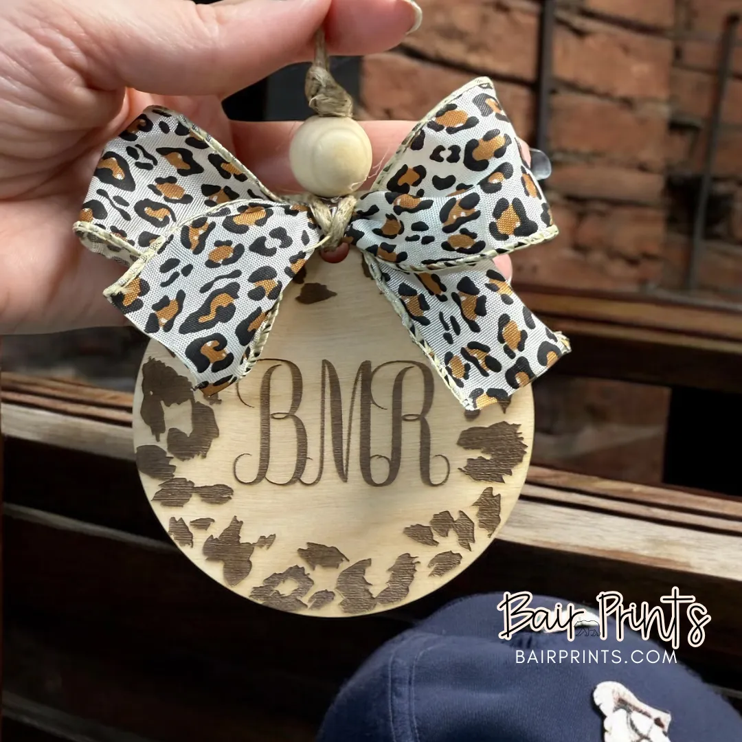Round Leopard Wood Car Charm with Bow