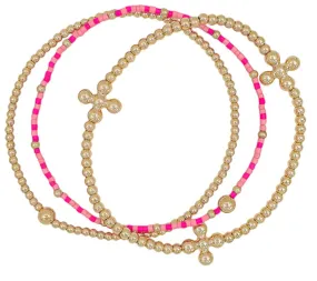 Set of Three Gold Cross and Pink Small Beaded Stretch Bracelets