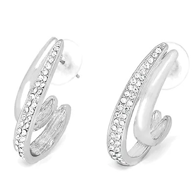 Silver tone double row huggie earrings with clear crystals