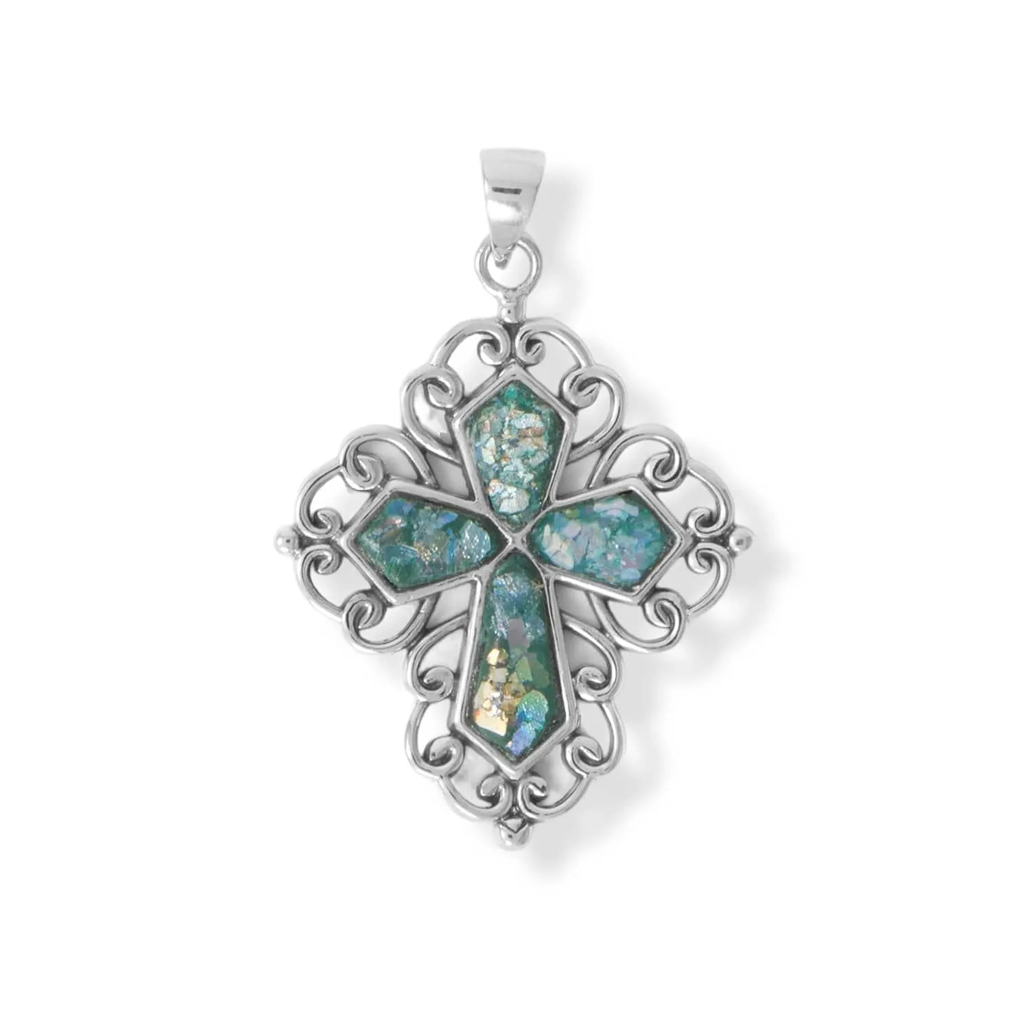 Women's Ornate Sterling Silver Roman Glass Cross Pendant